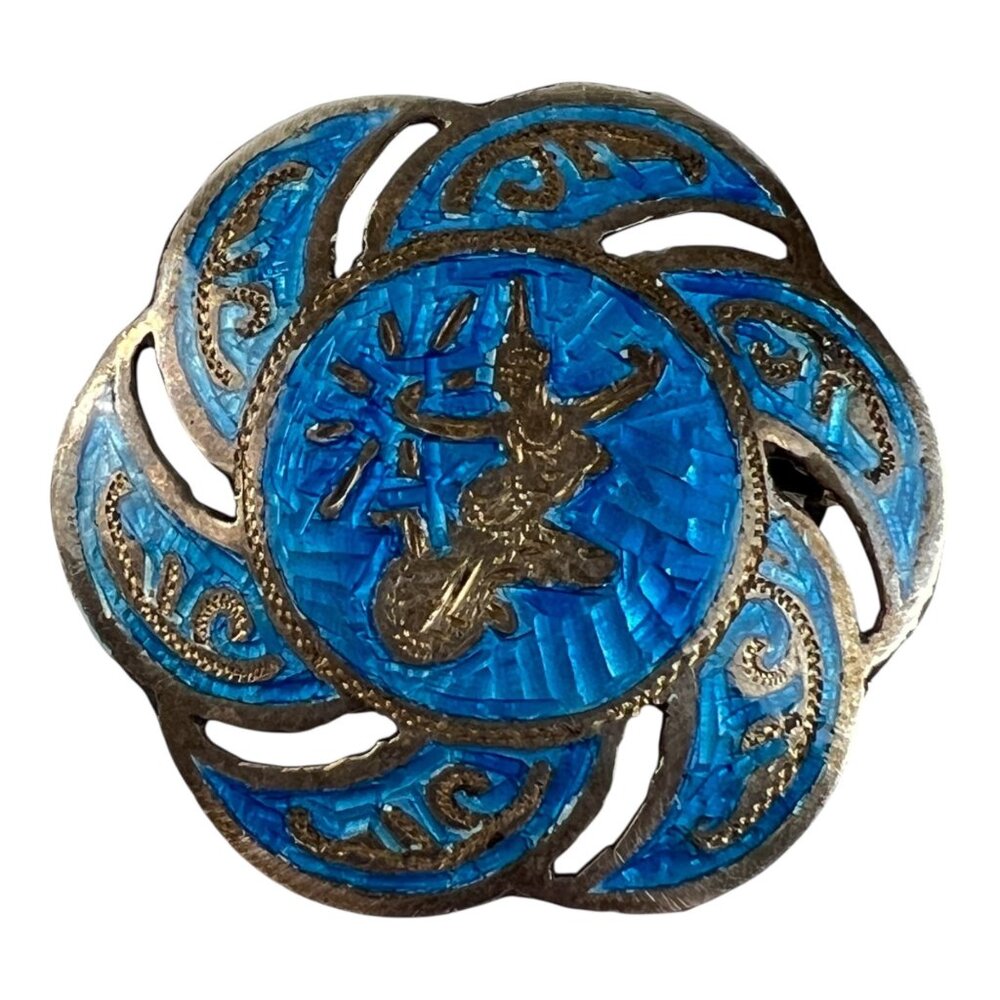 Vintage Siam Sterling Silver Blue Guilloche Enamel Goddess Mekkalah Pin Brooch